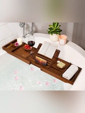 XCE Lifestyle Luxury Bamboo Bathtub Caddy Tray Expandable Bath Tub Spa Organizer